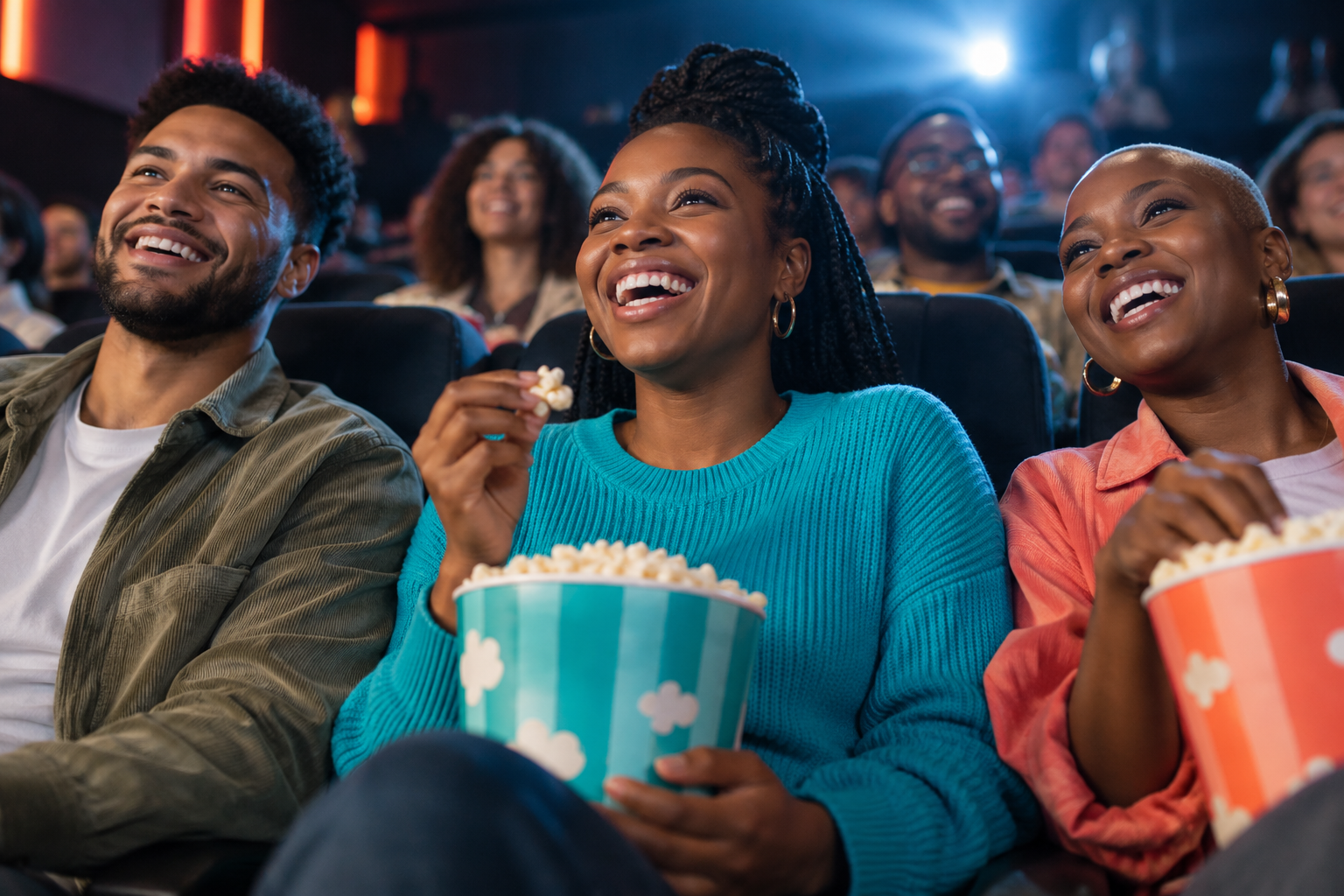 Friends enjoying a movie at the cinema